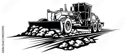 Graphic line art illustration of a road grader depicting earthmoving for construction projects