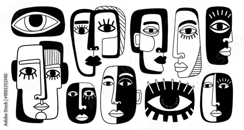 Abstract hand drawn line art faces set featuring diverse human portraits and expressive eyes for creative graphic design