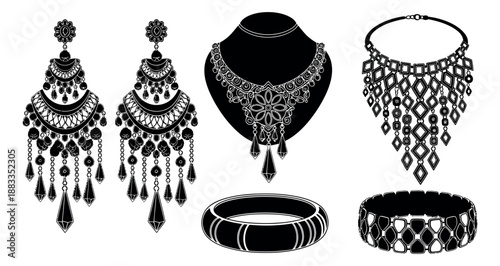 Elegant line art jewelry set featuring earrings, necklaces and bracelets for fashion and accessory design