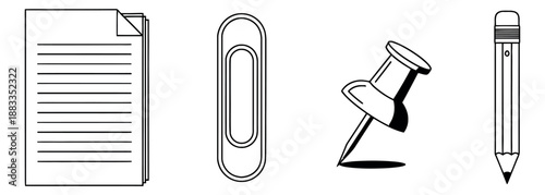 Line art office supplies set featuring paper, a paper clip, a push pin, and a pencil for business and education