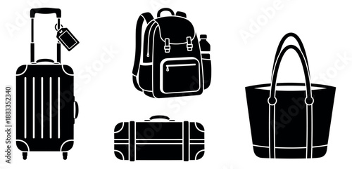 Modern line art travel bags set featuring a rolling suitcase, backpack, duffel bag, and tote bag for travel and vacation concepts