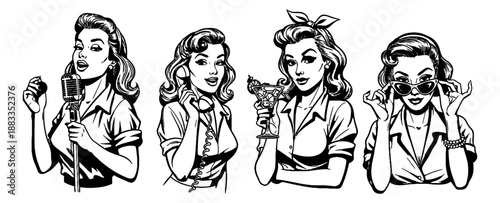 Pop art line art women set featuring singing, telephoning, drinking cocktails, and wearing sunglasses for lifestyle and entertainment concepts
