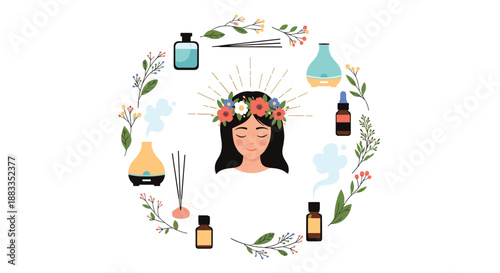 Holistic health and wellness concept showing a woman in meditation surrounded by essential oils, incense, and aromatherapy items.