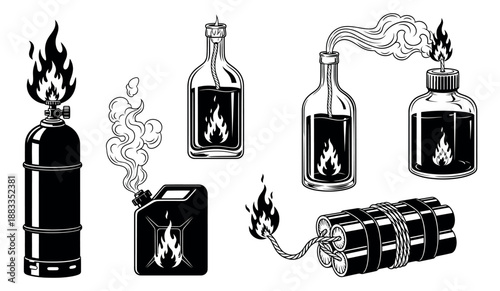 Vintage hand drawn line art incendiary devices set featuring molotov cocktails, dynamite, a flaming gas can, and a burning propane tank for danger and warning designs