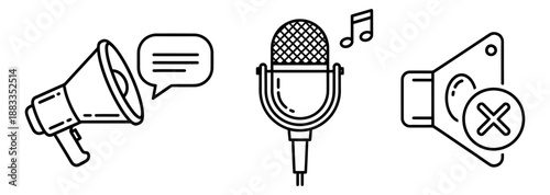 Line art sound and communication icons set featuring a megaphone, microphone, and muted speaker for multimedia messages and audio control