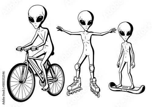 Line art alien character set featuring cycling, rollerblading, and hoverboarding for youth leisure