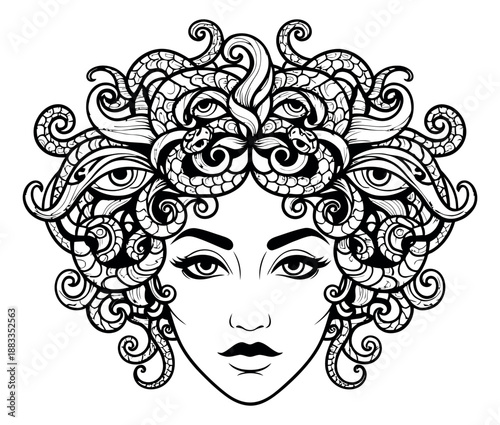 Ornate hand drawn line art illustration of Medusa depicting her mythological snake hair and mystical eyes for fantasy designs