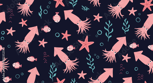Charming underwater seamless pattern with pink squids, starfish, small fish, and seaweed on a dark blue deep sea background.