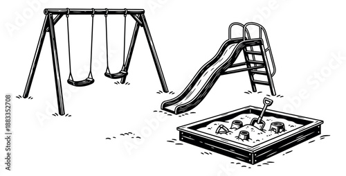 Hand drawn line art playground equipment set featuring a swing set, a slide, and a sandbox with toys for children's outdoor recreation