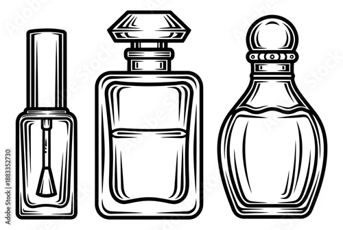Line art cosmetic bottles set featuring a nail polish bottle and two perfume bottles for the beauty industry