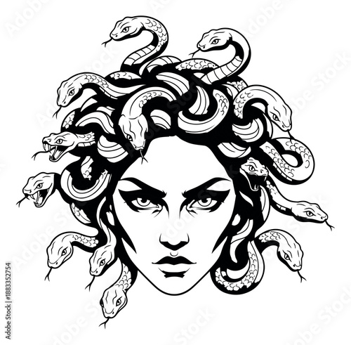 Stylized illustration of Medusa depicting a mythical monster with a fierce expression for fantasy and ancient mythology