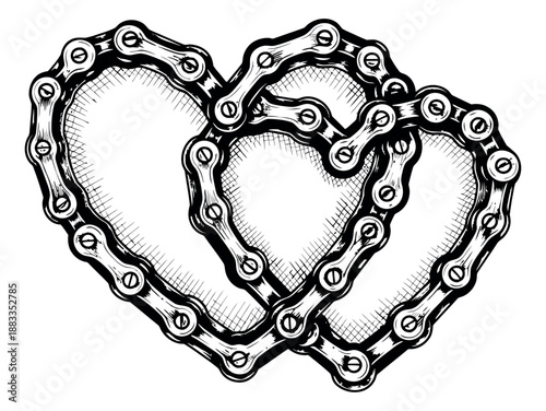 Hand drawn line art illustration of two intertwined hearts depicting love and connection for romantic themes