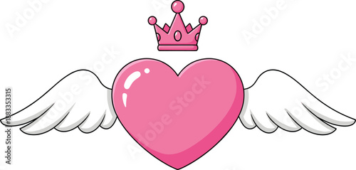 Cute pink heart with angel wings and crown cartoon illustration for love, romance, valentine and princess design concept
