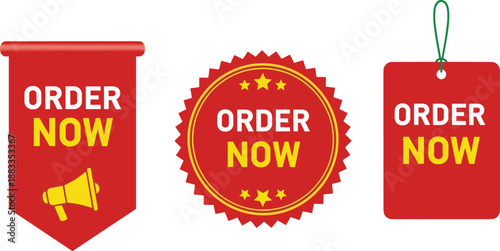 Red “ORDER NOW” promotional graphic set, marketing call-to-action icons, advertising badge designs, vector illustrations, isolated on white background