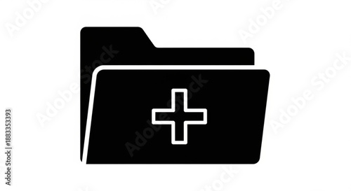 A black and white vector graphic of a folder with a plus sign, symbolizing addition or creation.
