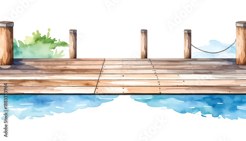 Watercolor painting of a wooden pier extending over blue water with illutrastion transparent background