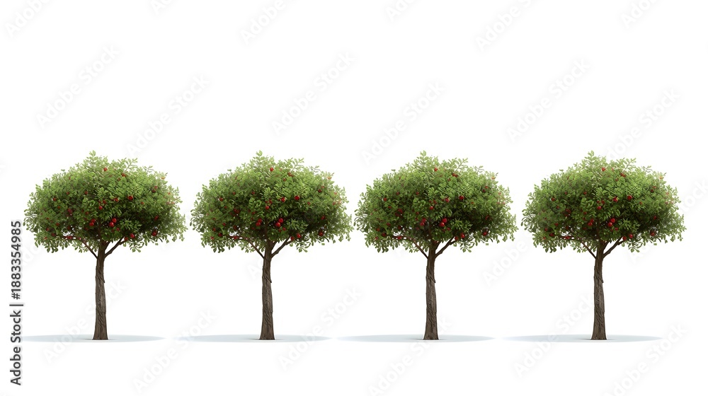 Fototapeta premium Four Lush Green Trees Isolated on White Background Minimalist Nature Illustration Vector Art