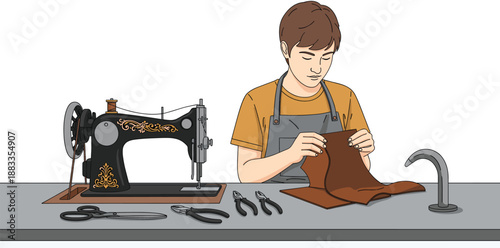 Leather craftsman working at sewing machine creating handmade goods, tailoring material with tools on workshop table in detailed vector illustration style