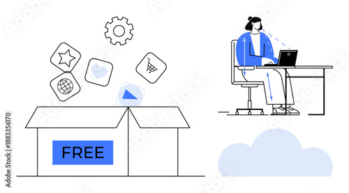 Digital resources. Digital tools and apps emerging from a free box highlight online resources. Digital resources for remote work, creativity, learning, and productivity. freelancing, education