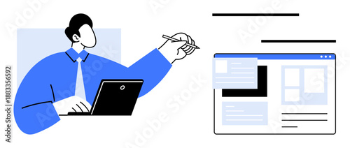 Man using laptop and stylus pointing at website interface layout, exploring content. Ideal for technology, development, design, planning, strategy, business collaboration. Simple flat metaphor