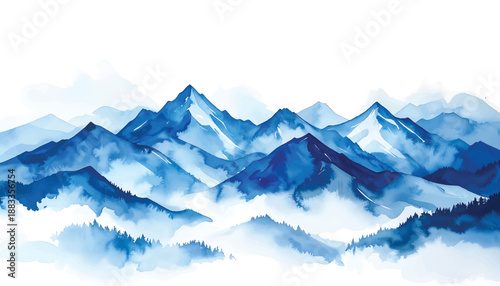 Abstract watercolor landscape of blue mountain ranges with misty illutrastion transparent background