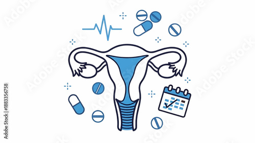 Uterus illustration surrounded by medical symbols and pills in a healthcare setting viewed from the front