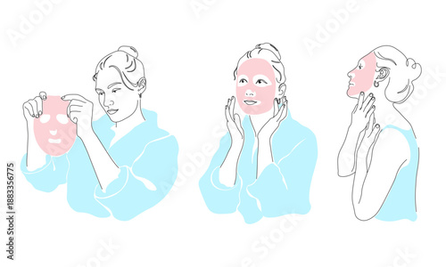Beauty routine steps including sheet mask application, face and neck care, home spa and self-care. Line art style with soft pastel accents, modern cosmetic illustration.