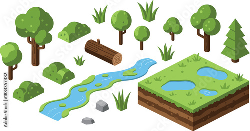 isometric nature landscape elements set with trees river grass rocks soil block forest terrain game environment vector illustration