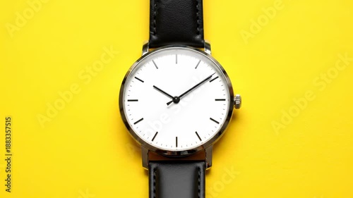 A sleek, minimalist wristwatch with a white dial and black leather strap sits against a bright yellow backdrop
