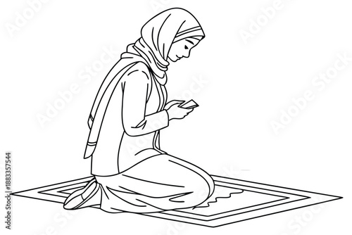 Woman in Headscarf Kneeling on Floor While Praying Line hijab