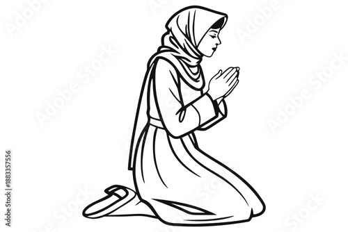 Woman in Headscarf Kneeling with Hands Together in Prayer Silhouette hijab