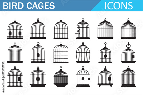 Bird Cages Line Icons Set with Vintage and Modern Birdcage Designs