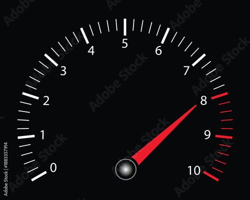Tachometer Gauge with Red Needle Showing High RPM Reading