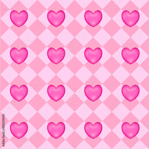 Seamless Valentine's Day pattern of 3D bright pink hearts on dark pink alternating with bright pink checkered background, png file.