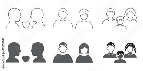 Couple icons illustrating relationships and family units in outline and silhouette styles