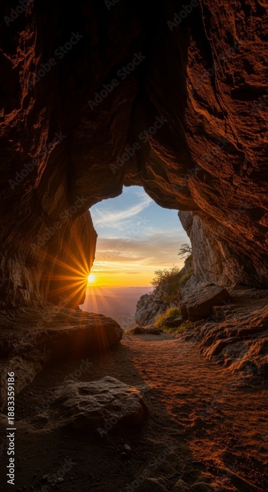 Obraz premium Sunrise Viewed From Inside a Cave Symbolizing New Beginnings