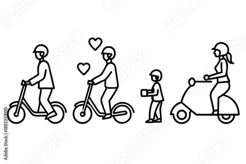 Black and White Line Couple Riding Bicycles and Tricycle with Hearts Above tandem bike