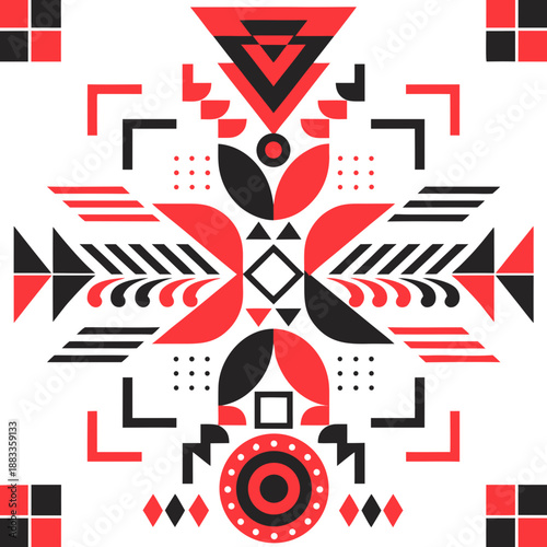 Geometric patterns and abstract shapes in a symmetrical composition, featuring tribal designs and cultural motifs in red and black