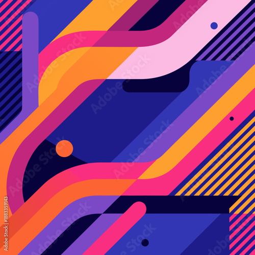 Vibrant abstract design featuring dynamic shapes and colorful lines on a dark blue background from a top-down viewpoint