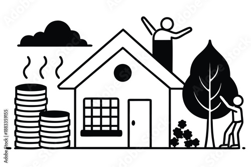 Black and White Line House with Smoke Chimney Gardening Person Tree