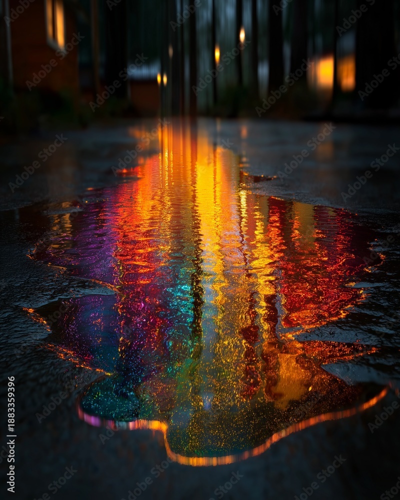 Fototapeta premium Light from nearby buildings shines on rain puddles, creating colorful reflections on the wet pavement. The scene shows trees in the background, enhancing the atmosphere of the night walk