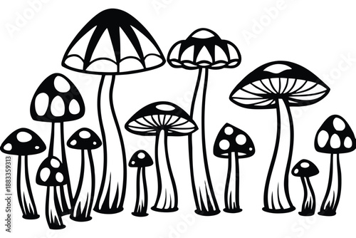 Black And White Line Of Various Mushroom Types On White Background mushrooms fungi line black and white