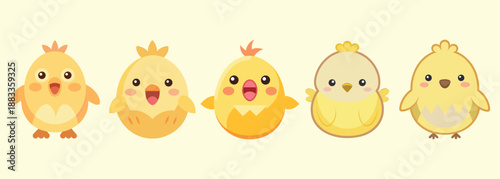 Adorable group of five fluffy yellow cartoon chicks standing happily in a row