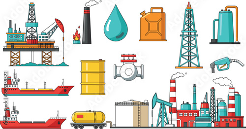 Oil and gas industry illustration set featuring drilling rigs, refineries, tankers, barrels, pumps, pipelines, and fuel equipment in flat vector style