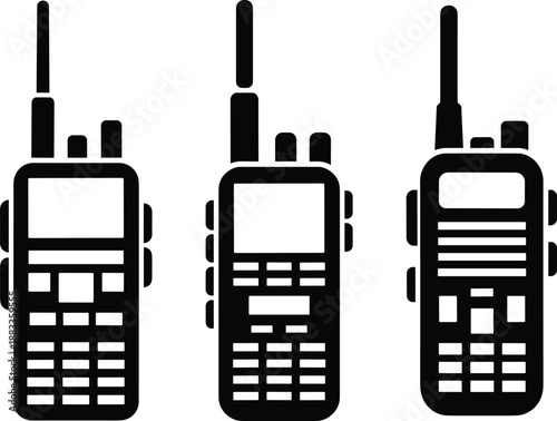 Three handheld walkie talkie radio communication devices icon set isolated on white background, emergency wireless transceiver concept for security, military, outdoor, and professional communication