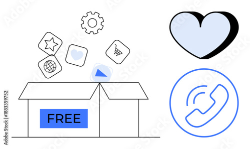 Digital marketing, app development, online services, communication tools, brand outreach, user experience. Box labeled free with app icons, heart and call icon. Digital marketing and app development