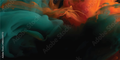 a dynamic and vibrant abstract that resembles wisps of smoke or ink flowing in water against a pitch black background.