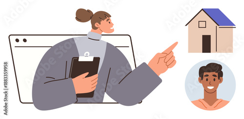 Real estate, property rental, housing market, online consultation, virtual meetings, customer support. Woman holding clipboard and pointing at a house. Real estate and property rental concept