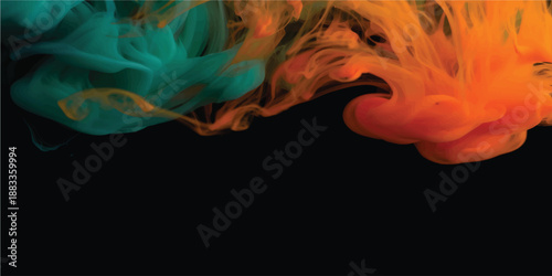 a dynamic and vibrant abstract that resembles wisps of smoke or ink flowing in water against a pitch black background.