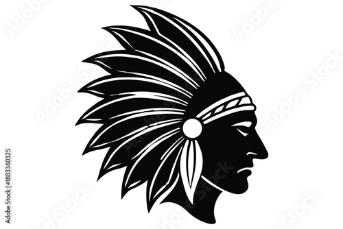 Silhouette Native American Chief Profile with Feather Headdress Black White